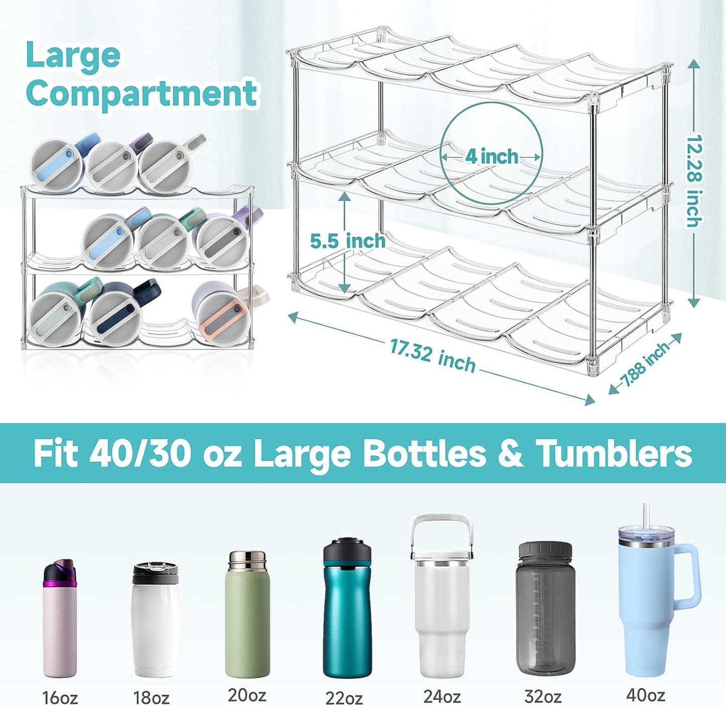 Stackable Water Bottle Organizer, Large Compartment Water Bottle Holder for Stanley 40 oz Tumbler, Kitchen Storage Organizer for Stanley Cup Accessories, Tumbler Organizer Wine Rack - Hold 16 Bottles