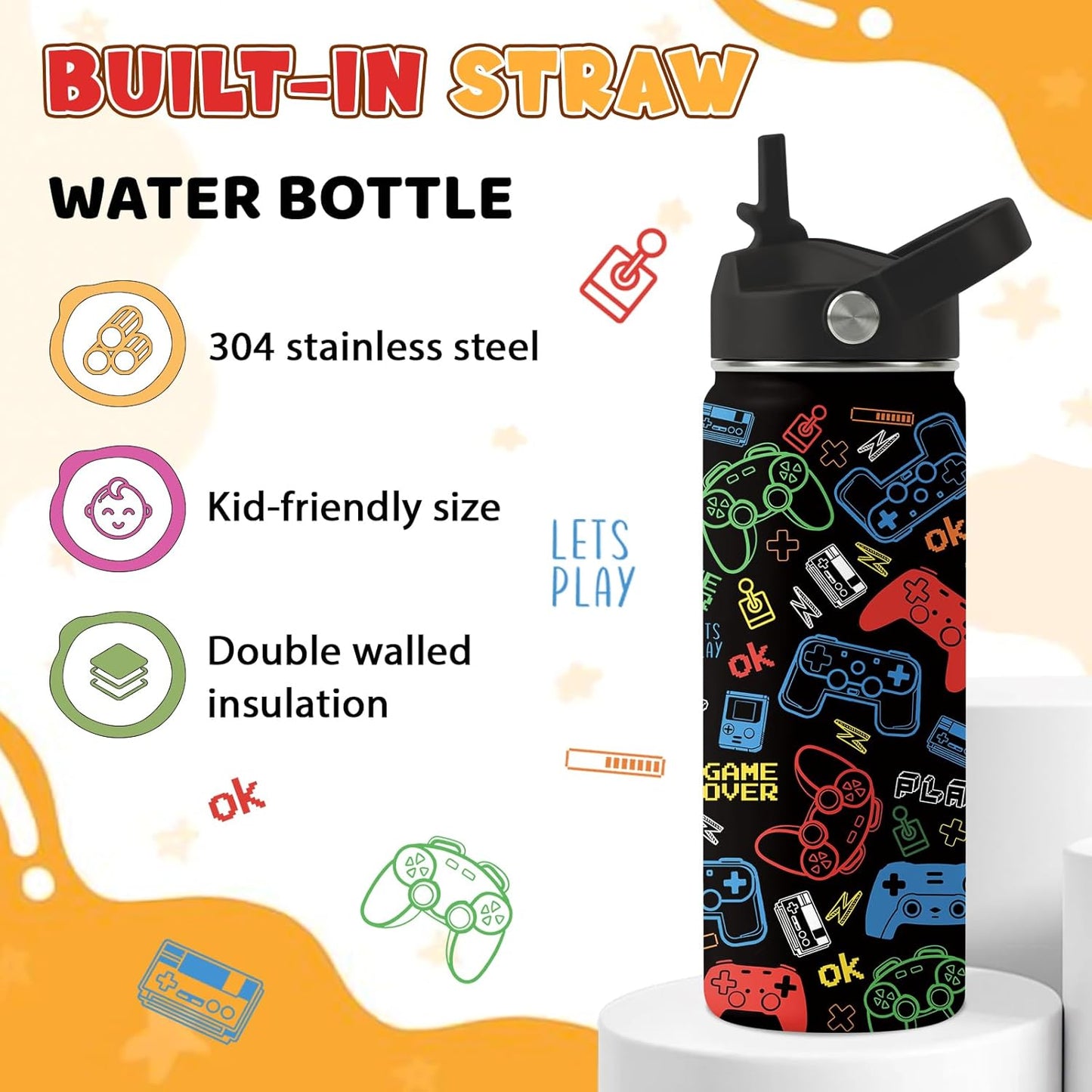 Strawberry Gifts for Kids - 16oz Pink Kids Water Bottle with Straw Lid, Stainless Steel Insulated Water Bottle, Leakproof, BPA-Free, for Girls, School, Strawberry Lover Children Birthday Gift Cup(1pc)