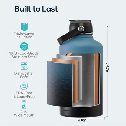 BUZIO 40oz Insulated Water Bottle, Triple Wall Vacuum Stainless Steel Water Flask with 2 lids, Lead-Free BPA-Free Straw Lid Sports Canteen Jug, Cold 48H & Hot 24H- Black - Colors B