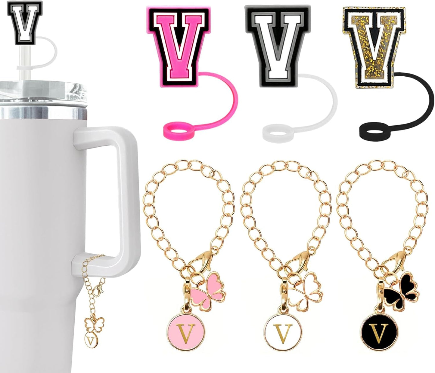 （3 +3) 3PCS Nuozme Straw Cover 10mm For Stanley Tumbler Cup Reusable Straw Cap Topper with 3 Initial Letter Charms Accessories Name ID Personalized Handle Charm For Stanley 30&40 Oz Cup Tumbler - Colors A