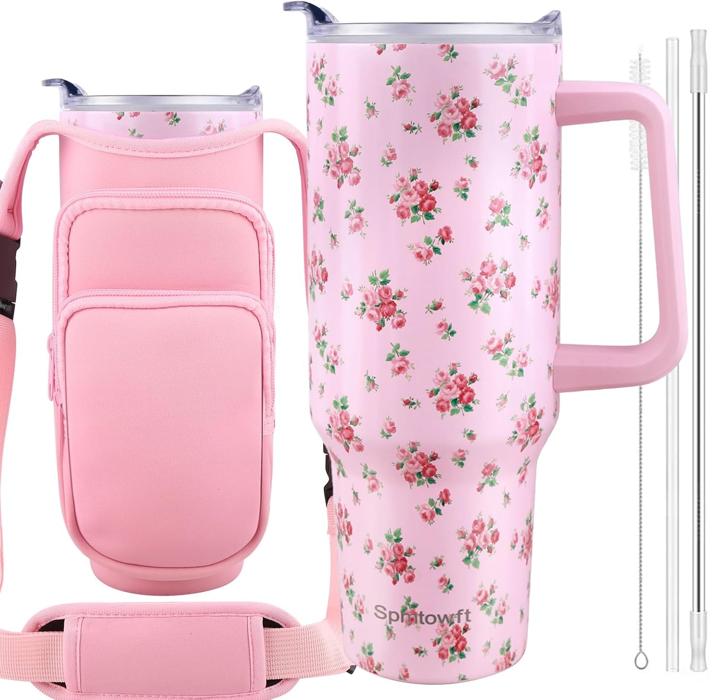 40oz Stainless Steel Double Vacuum Tumbler with Handle, Straw Lid, Carrier Bag, Purse Pouch Phone Pocket, Gym Water Bottle Travel Mug and Sleeve Holder for Men Women (Black)