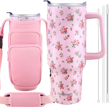 40oz Stainless Steel Double Vacuum Tumbler with Handle, Straw Lid, Carrier Bag, Purse Pouch Phone Pocket, Gym Water Bottle Travel Mug and Sleeve Holder for Men Women (Black)