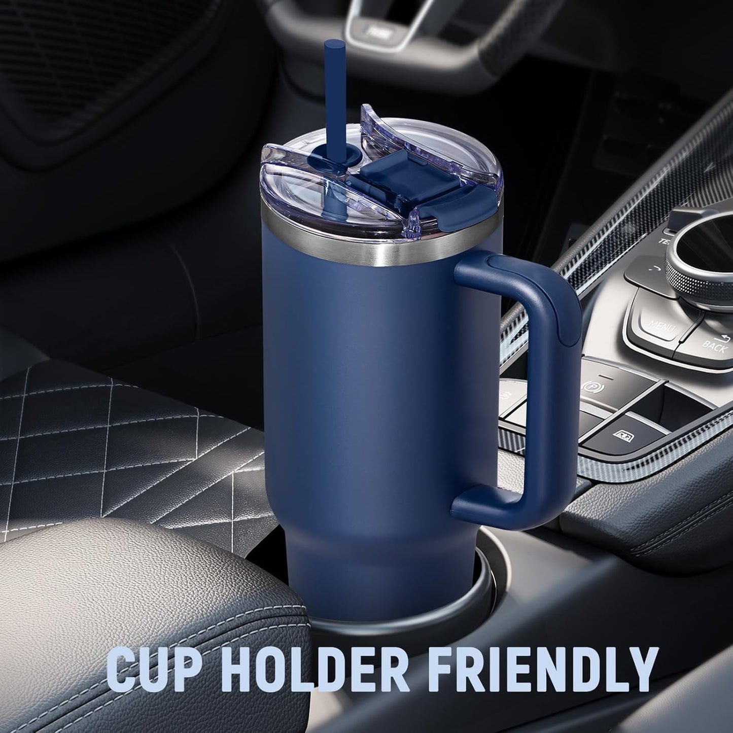 40 oz Tumbler with Handle and Straw Lid,Insulated Reusable Stainless Steel Water Bottle Travel Mug，Cupholder Friendly Double Wall Vacuum Sealed Cup (Black)