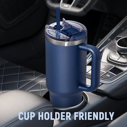 40 oz Tumbler with Handle and Straw Lid,Insulated Reusable Stainless Steel Water Bottle Travel Mug，Cupholder Friendly Double Wall Vacuum Sealed Cup (Black)
