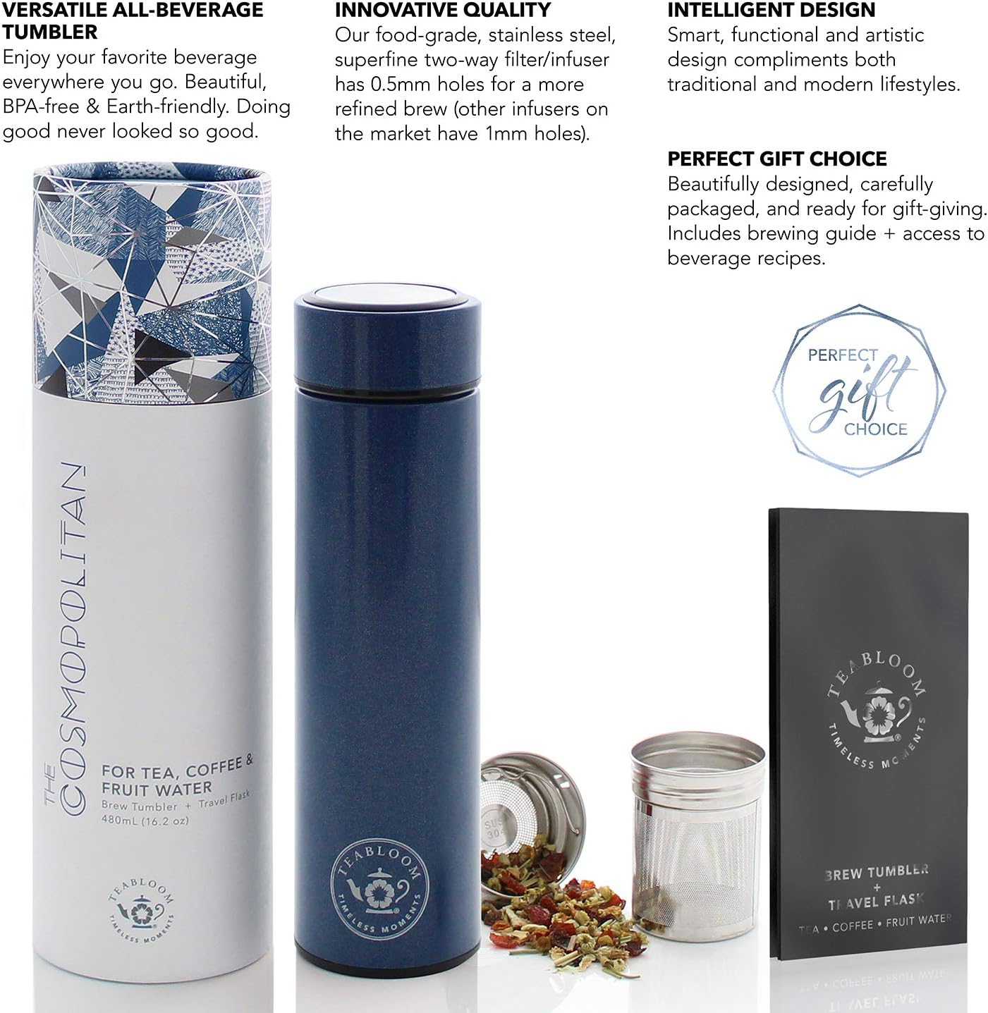 Teabloom - The ORIGINAL All-Brew Travel Tumbler & Thermos | OPRAH’s Favorite | 16oz/480ml Stainless Steel Insulated Water Bottle/Tea Flask/Cold Brew Coffee Mug
