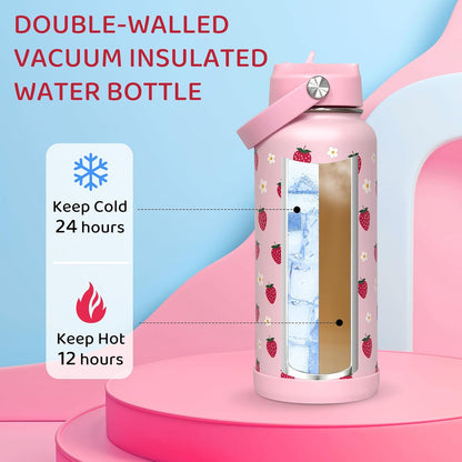 32oz Pickleball Insulated Water Bottle with Lid,Stainless Steel Water Bottl with Flip Straw and Handle,Gifts for Pickleball Players, Pickleball Lovers,Women Girls,Leak Proof Water Bottle