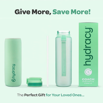 Hydracy Water Bottle with Time Marker -Large BPA Free Water Bottle & No Sweat Sleeve -Leak Proof Gym Bottle with Times to Drink - Ideal for Fitness Sports & Outdoors