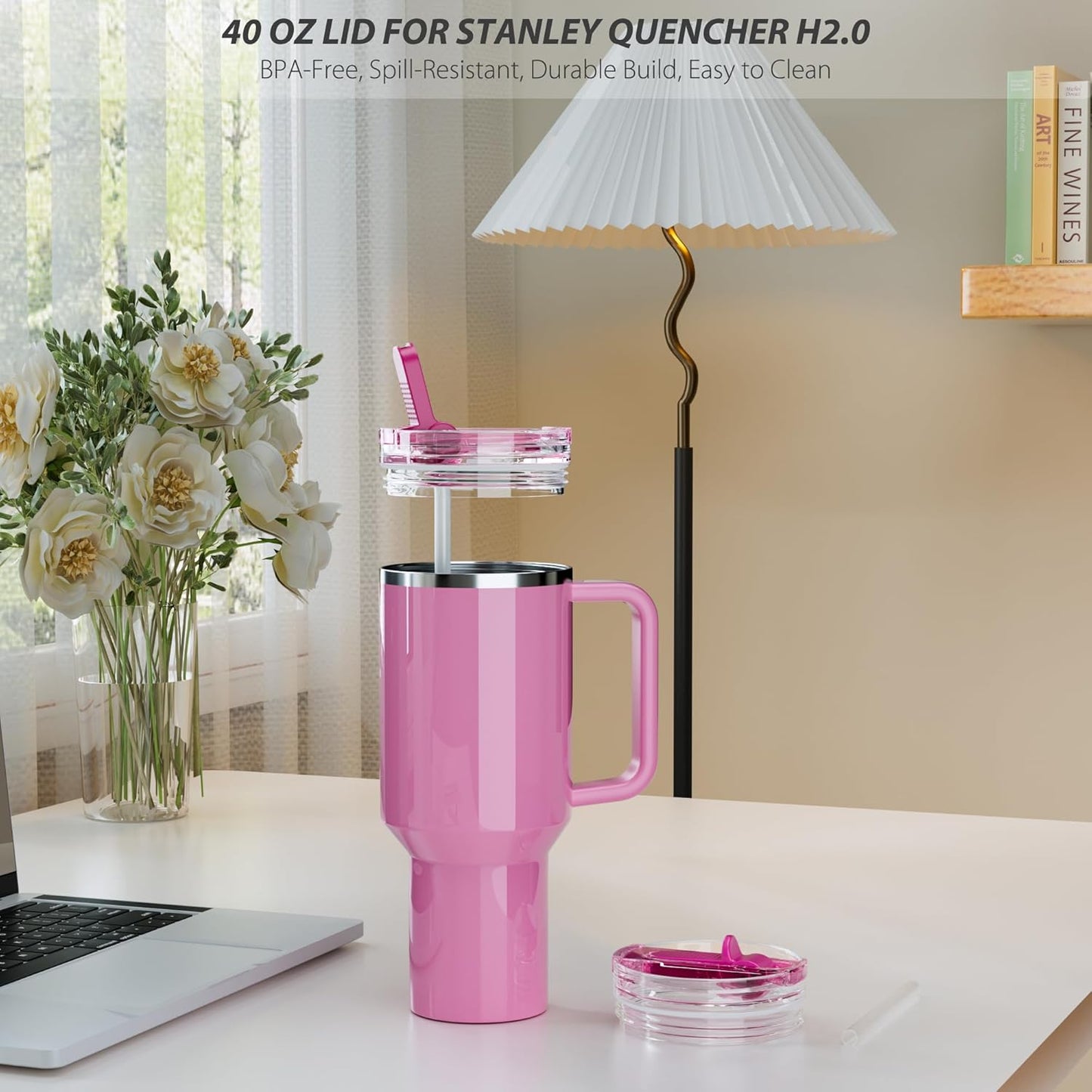 2 Pack 40 oz Flip Straw Lid for STANLEY Quencher ProTour and H2.0 FlowState Tumbler(Only for STANLEY Tumbler), Leakproof Lid, No Spill & Easy to Use Reusable Cover (Passion Pink)