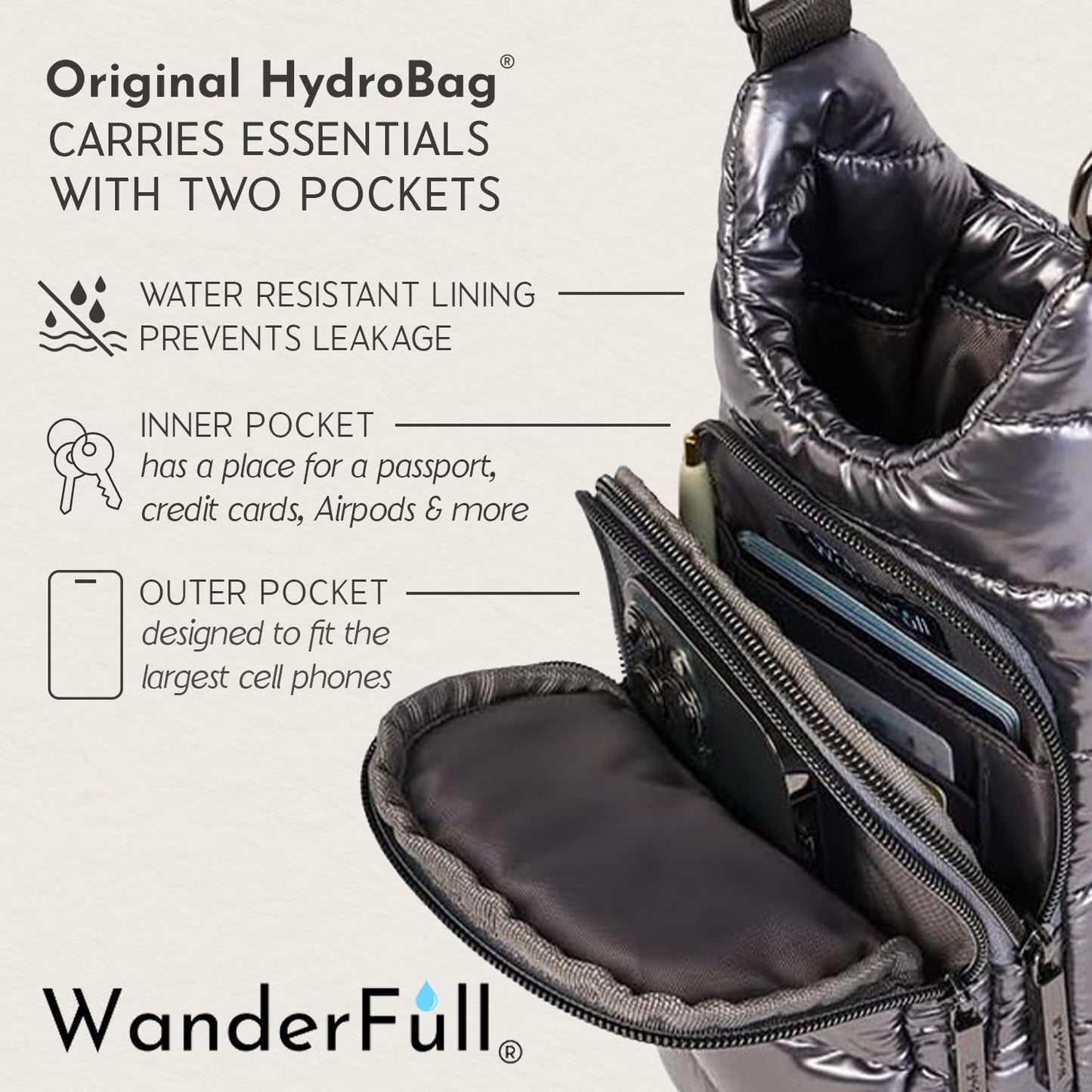 WanderFull Original HydroBag Fits Up to 32 oz Water Bottle Holder with Strap – Hands-Free Crossbody Water Bottle Carrier Bag with Phone Pocket - Colors A
