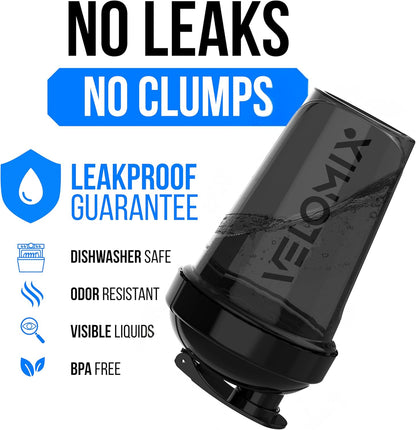 VELOMIX -6 PACK- 20 oz Protein Shaker Bottle for Protein Mixes - 6x Wire Whisk | Leak Proof Shaker Cups for Protein Shakes| Stackable Protein Shaker Bottle Pack | Dishwasher Safe (ALL IN BLACK)
