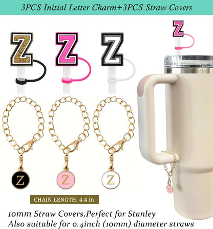 （3 +3) 3PCS Nuozme Straw Cover 10mm For Stanley Tumbler Cup Reusable Straw Cap Topper with 3 Initial Letter Charms Accessories Name ID Personalized Handle Charm For Stanley 30&40 Oz Cup Tumbler - Colors B