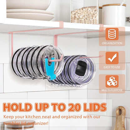 Tumbler Lid Organizer, Horizontal Tumbler Lid Storage Hook Up to 10 Lids, Space Saving Cup Lid Holders Under Cabinet Tumbler Lid Hook for Kitchen Organizer and Storage,Hanging Paper Towel Rack Hanger