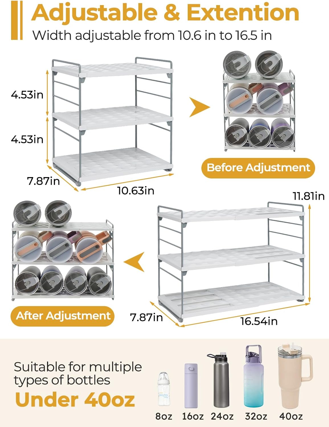 Cirhy Adjustable Water Bottle Organizer Holder for Cabinet, 3-Tier Expandable Water Bottle Storage Rack for Tumblers, Travel Mugs, and Cups – Kitchen Pantry Organization and Storage for Stanley Cups
