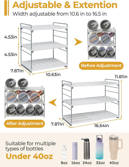 Cirhy Adjustable Water Bottle Organizer Holder for Cabinet, 3-Tier Expandable Water Bottle Storage Rack for Tumblers, Travel Mugs, and Cups – Kitchen Pantry Organization and Storage for Stanley Cups