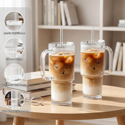 INSETLAN 24oz Ribbed Glass Tumbler with Handle & Lid – 2-Pack Large Iced Coffee Cups with Straws, Modern Glass Mug for Cold & Hot Beverages, Aesthetic Travel Cup for Smoothies, Tea, and Juice