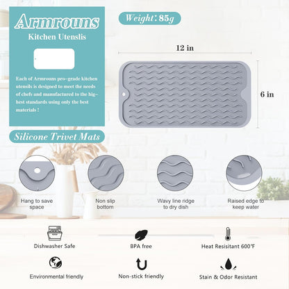 Silicone Dish Drying Mat, Multipurpose Heat Resistant 600 ℉ 7-Inch Food Grade & BPA Free. Non-Slip Trivet mats for Cup, Hot Pot, Hot Dishes