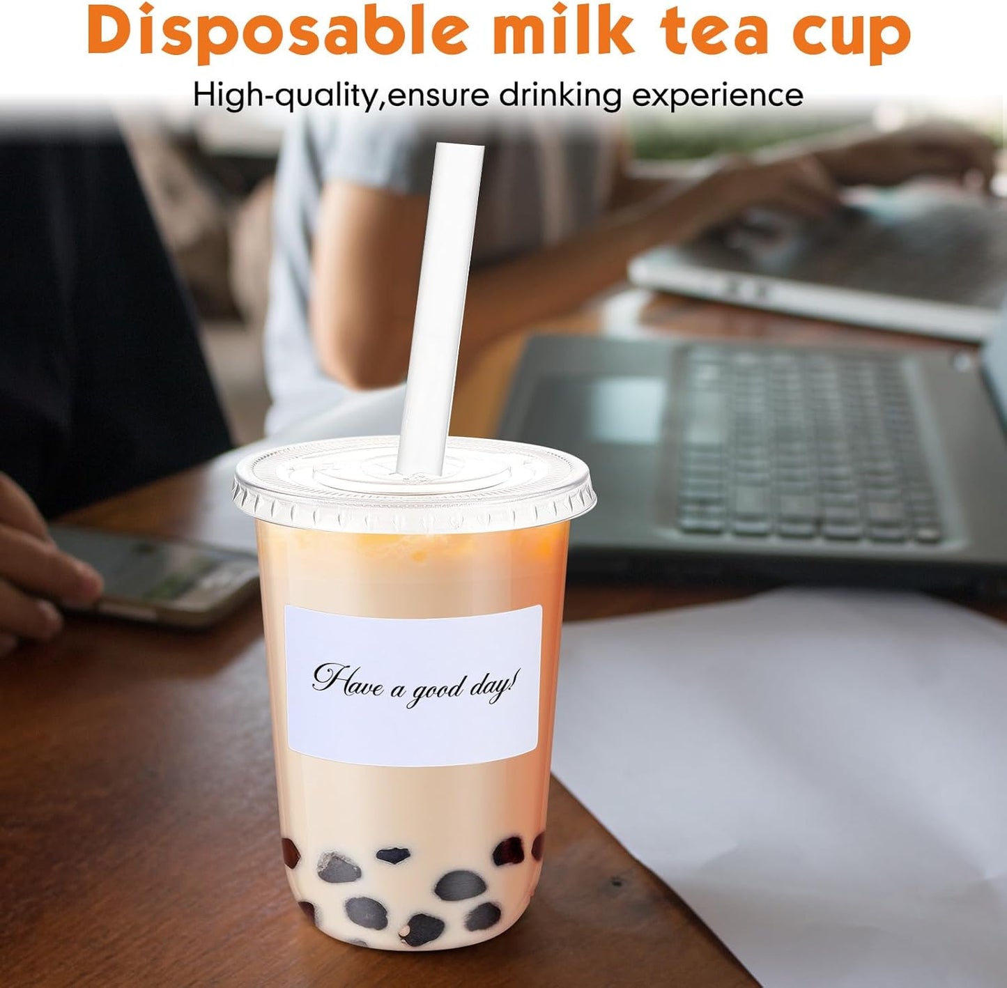 Ziliny 50 Sets Crystal Clear Plastic Cups with Lids, Straws and Stickers, Disposable Iced Coffee Cups Thickened PET for Iced Coffee, Bubble BobaTea, Smoothie, Cold Drinks, Juice, Shops (12 oz)