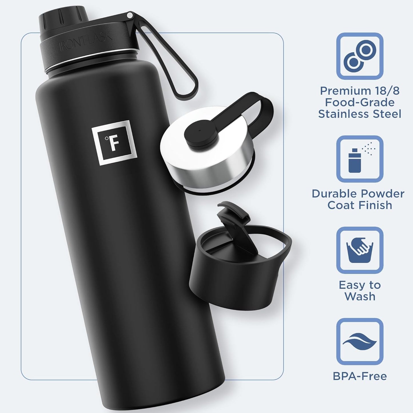 IRON °FLASK Camping & Hiking Hydration Flask with Straw, Wide Mouth Insulated Stainless Steel Sports Water Bottle - 40 oz Midnight Black