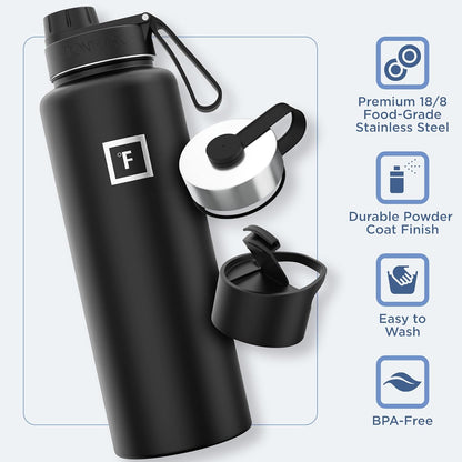 IRON °FLASK Camping & Hiking Hydration Flask with Straw, Wide Mouth Insulated Stainless Steel Sports Water Bottle - 40 oz Midnight Black