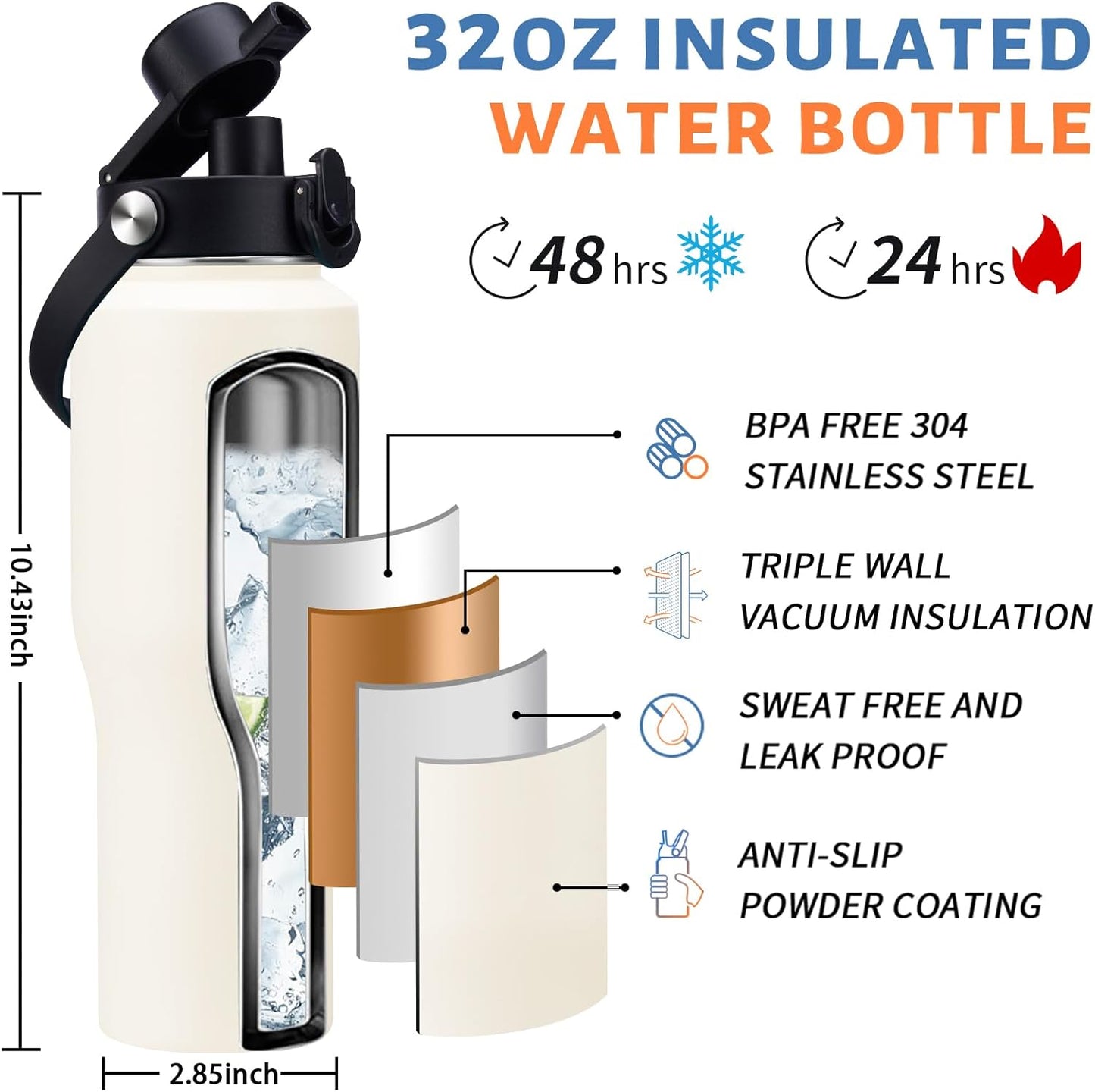 Insulated Water Bottle 40 oz - Fits in any Car Cup Holder, Keep Cold 48H Hot 24H, Stainless Steel Waterbottle Double Wall Flask with Straw, Pop-up Spout Lid, Paracord Handle, Carrier Bag
