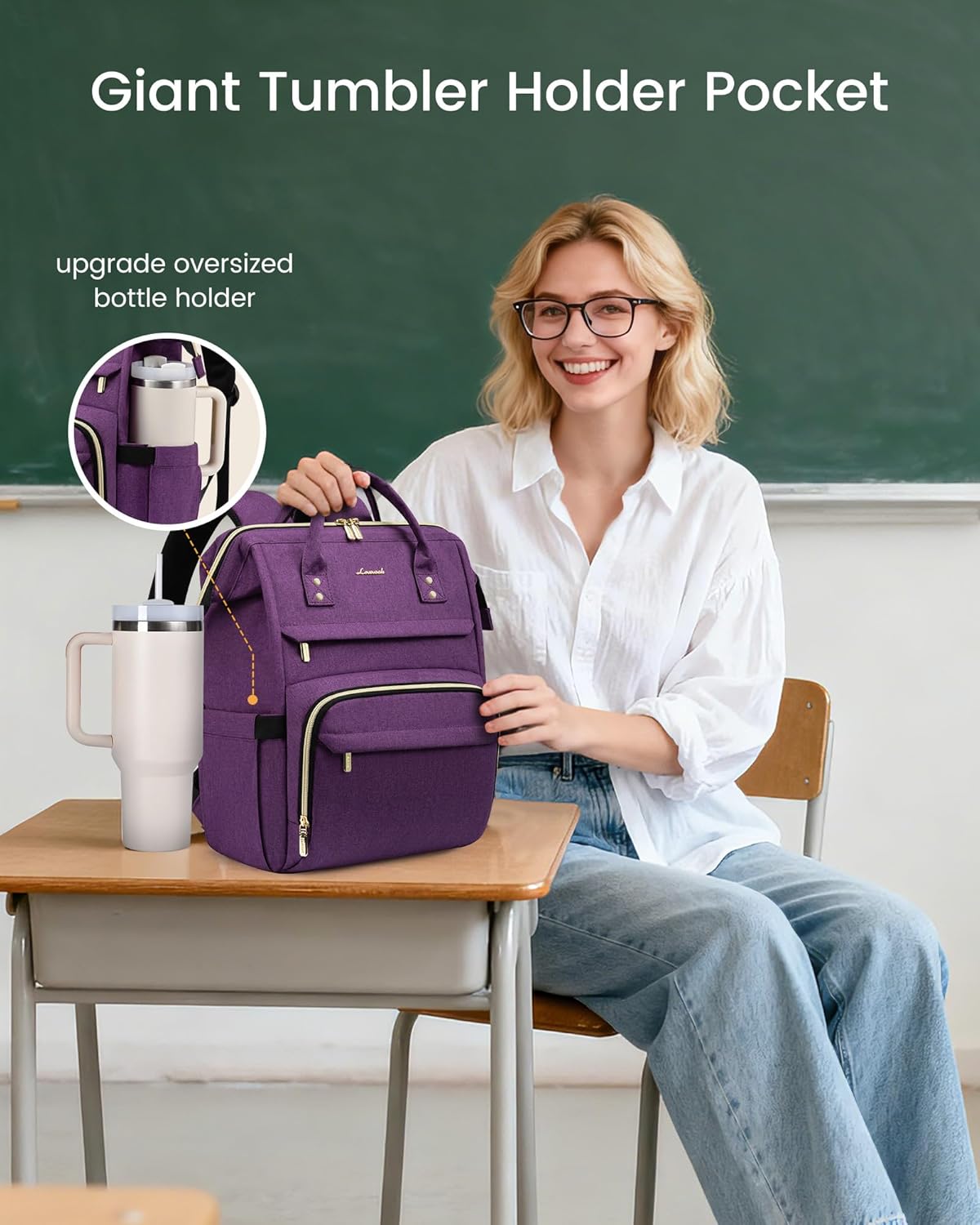 LOVEVOOK Laptop Backpack for Women with Giant Tumbler Holder Pocket,15.6 inch Waterproof Travel Backpack Purse Computer Laptop Bag,Professional Work College Nurse Teacher Backpack Casual Daypack,Black