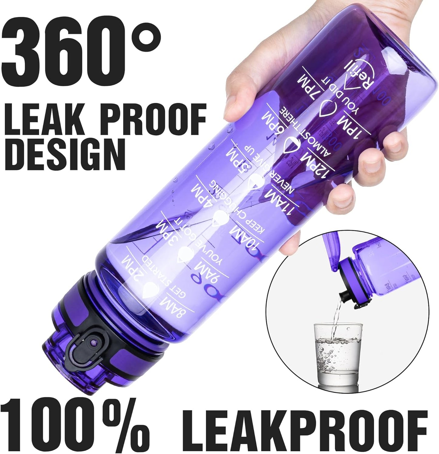 OLDLEY Water Bottle, 32oz Motivational Sports Water Bottle with Time Marker - Times to Drink - Tritan, BPA Free, Wide Mouth Leakproof, Clear (1 Bottle)