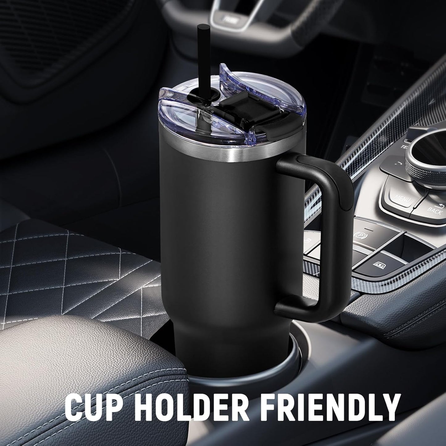 40 oz Tumbler with Handle and Straw Lid,Insulated Reusable Stainless Steel Water Bottle Travel Mug，Cupholder Friendly Double Wall Vacuum Sealed Cup (Black)