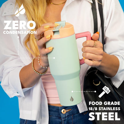 Elemental 32 oz 100% Leak Proof Tumbler with Handle & Straw - Stainless Steel Double Wall Insulated Tumbler for Hot and Cold Beverages - Travel Coffee Mug with Sip & Straw Lid - White - Colors A