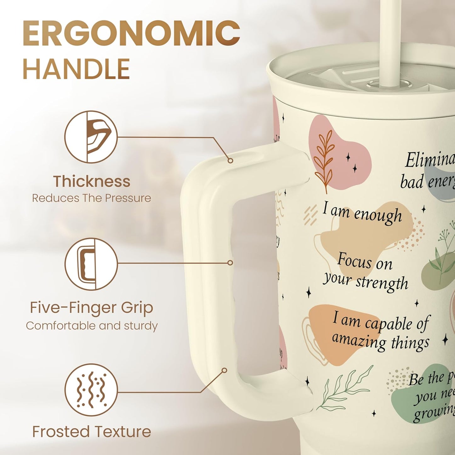 Floral Tumbler with Handle 40oz, Stainless Steel Insulated Tumblers Coffee Travel Mug Cup with Straw, Flower Coffee Cup Gifts for Women Girls, Gift for Her on Christmas Birthday Mothers Day