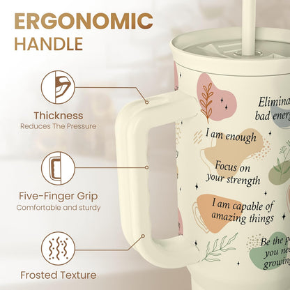 Floral Tumbler with Handle 40oz, Stainless Steel Insulated Tumblers Coffee Travel Mug Cup with Straw, Flower Coffee Cup Gifts for Women Girls, Gift for Her on Christmas Birthday Mothers Day