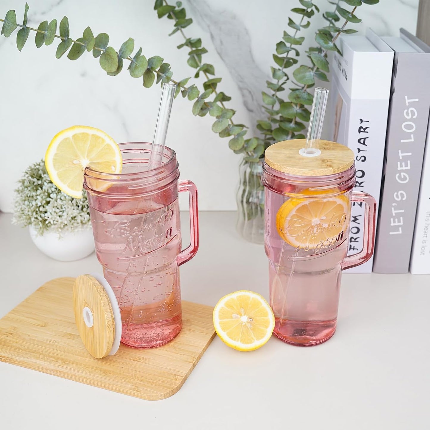 ANOTION Bamboo Mason Leakproof Mason Jar Cups with Lids and Straws, Cap Cup 24oz Glass Tumbler with Handle, Rotating Lid Silicone Straw, Reusable Iced Coffee Matcha Cup Coffee Gifts for Women 2pc