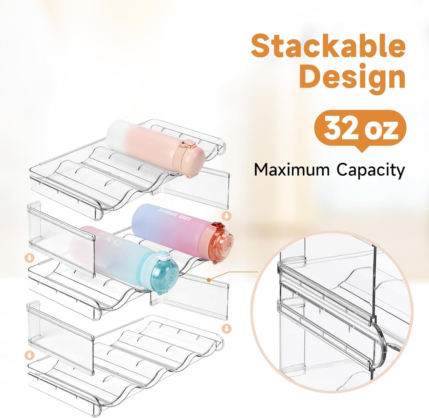 spospo Stackable Water Bottle Organizer, Large Compartment Water Bottle Holder, 4 Tier Clear Water Bottle Organizer for Cabinet, Bottle Rack for Kitchen Organization and Storage - Hold 16 Bottles