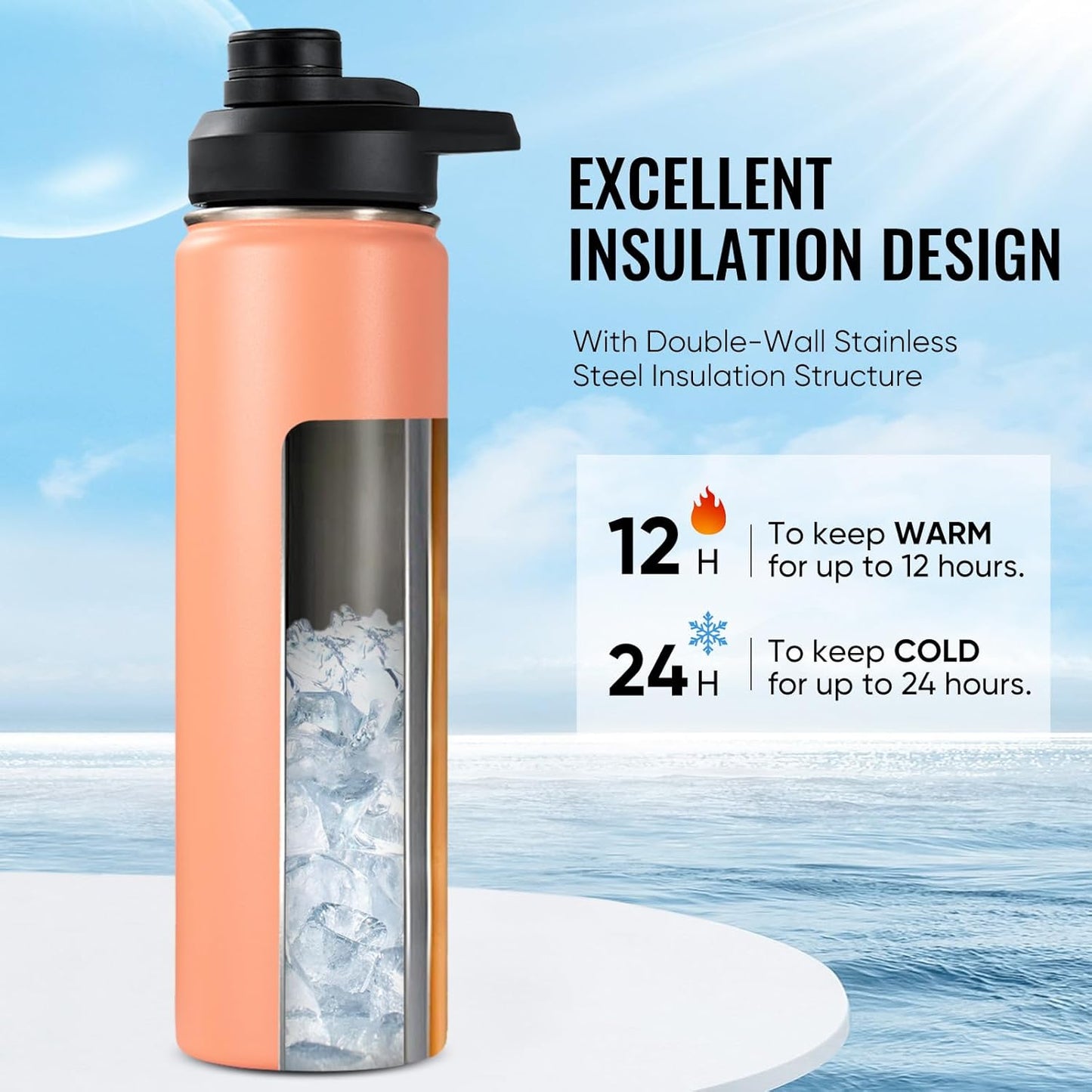Fijinhom 24 oz Insulated Water Bottle with Handle, 304 Stainless Steel Water Bottles with Wide Mouth, Double Wall Vacuum Sports Water Bottle, BPA Free, Keep Cold and Hot, Black | with Handle