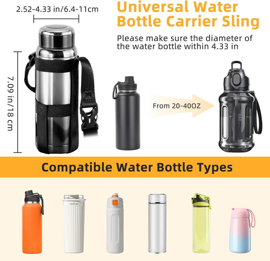 Nuovoware Water Bottle Holder With Strap, 2 Pack Elastic Water Bottle Sling Bag for 20-40 Oz, Lightweight Crossbody Bag With Shoulder Strap for Walking Hiking Camping Traveling, Black+Black