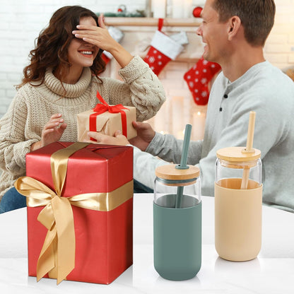 20oz Glass Water Tumbler with Silicone Protective Sleeve - Beer Shaped Glass Cups with Straw and Bamboo Lid, Iced Coffee Glasses, Cute Drinking Glasses for Water, Smoothie, Gift - Cambridge Blue