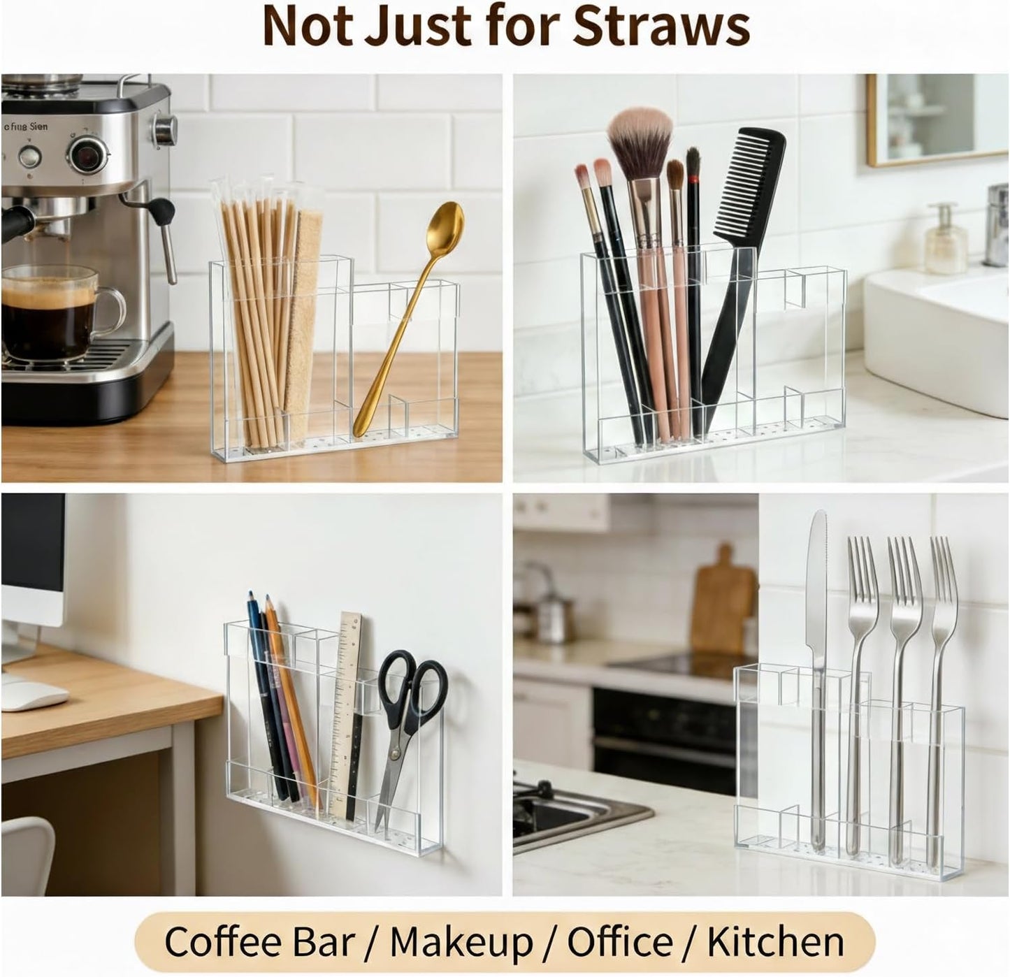 Straw Holder for Cabinet Door – Reusable Straw Organizer & Dispenser with Damage-Free Adhesive & Drain Holes – Fits Stanley, Yeti, Silicone & Metal Straws
