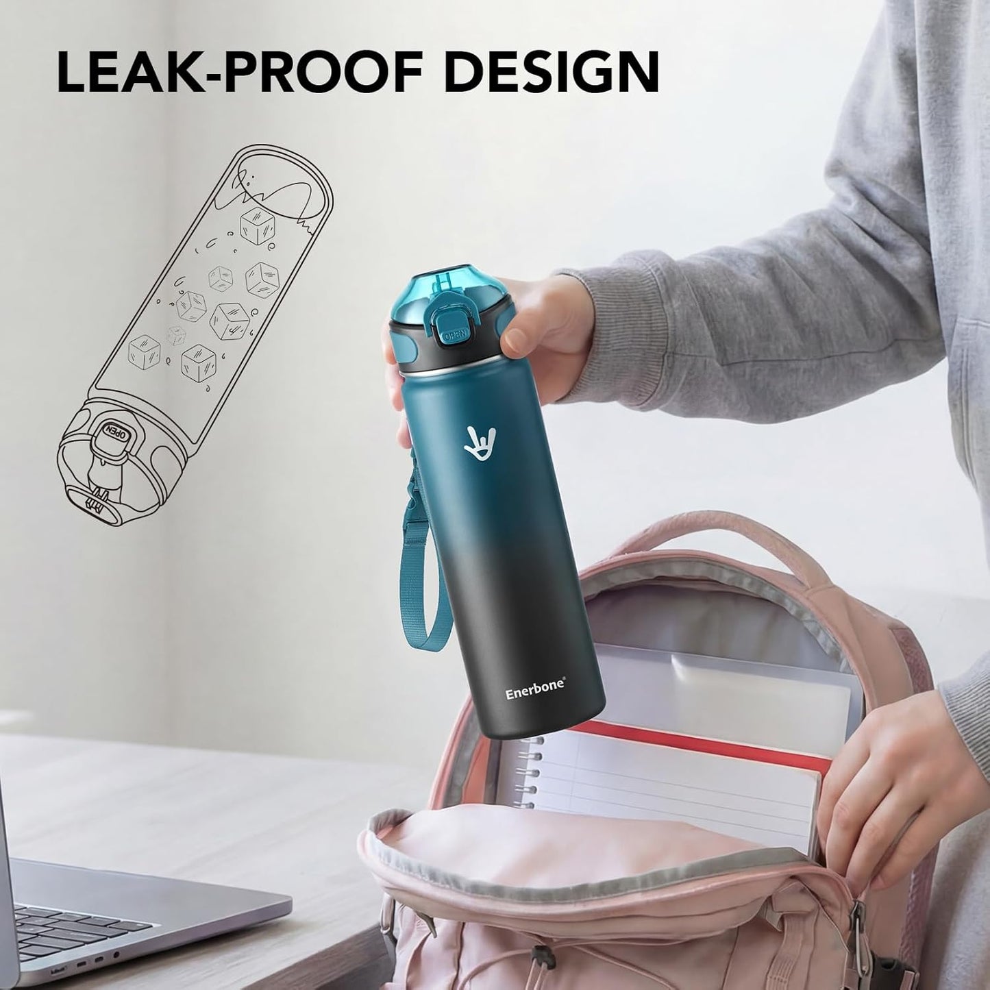 Enerbone 24 oz Insulated Water Bottle, Stainless Steel Bottle with Carrying Strap, Double-Wall Vacuum Insulation Design, Leakproof Sports Bottle with Straw, Keep Drinks Cold or Hot for Hours