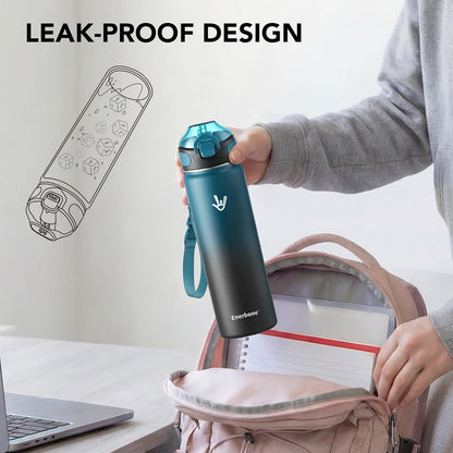 Enerbone 24 oz Insulated Water Bottle, Stainless Steel Bottle with Carrying Strap, Double-Wall Vacuum Insulation Design, Leakproof Sports Bottle with Straw, Keep Drinks Cold or Hot for Hours