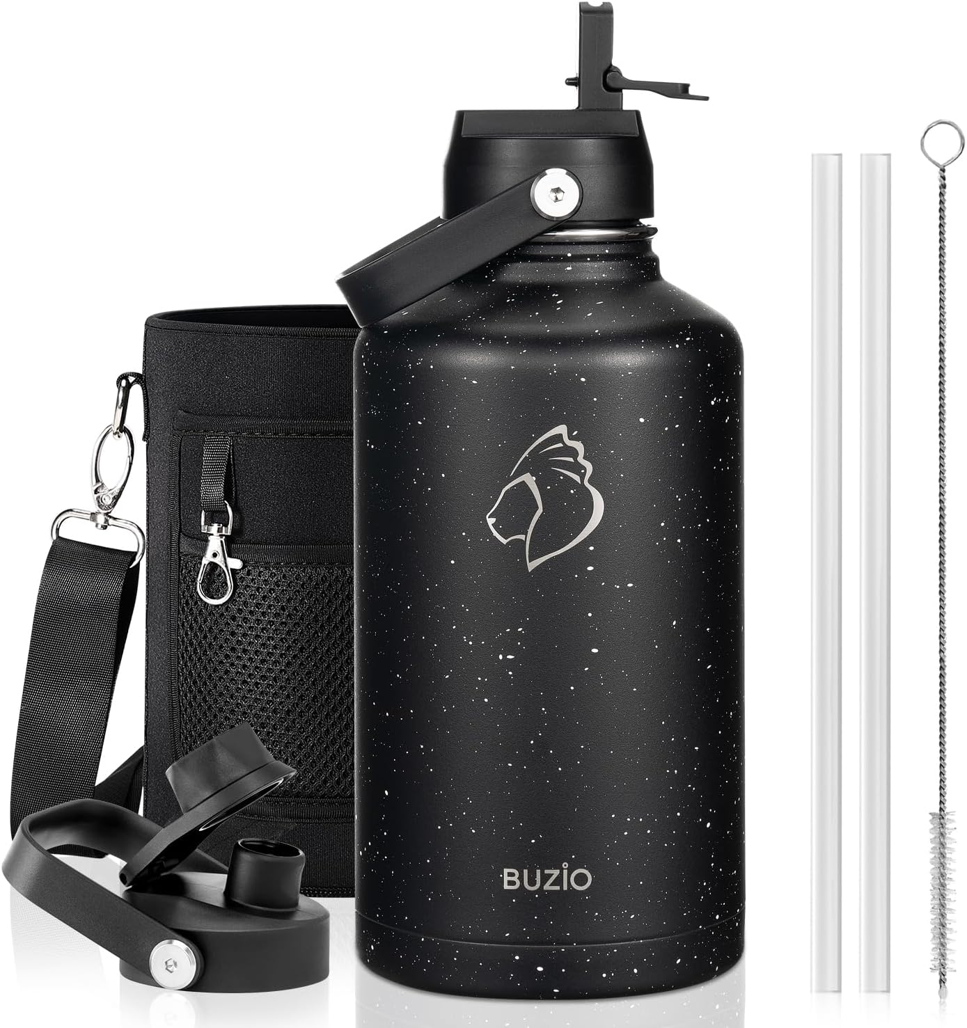 BUZIO 40oz Insulated Water Bottle, Triple Wall Vacuum Stainless Steel Water Flask with 2 lids, Lead-Free BPA-Free Straw Lid Sports Canteen Jug, Cold 48H & Hot 24H- Black - Colors A