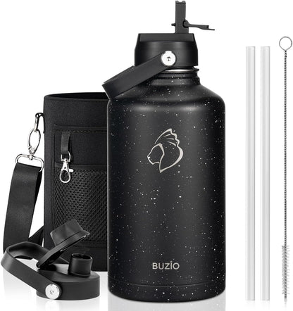 BUZIO 40oz Insulated Water Bottle, Triple Wall Vacuum Stainless Steel Water Flask with 2 lids, Lead-Free BPA-Free Straw Lid Sports Canteen Jug, Cold 48H & Hot 24H- Black - Colors A