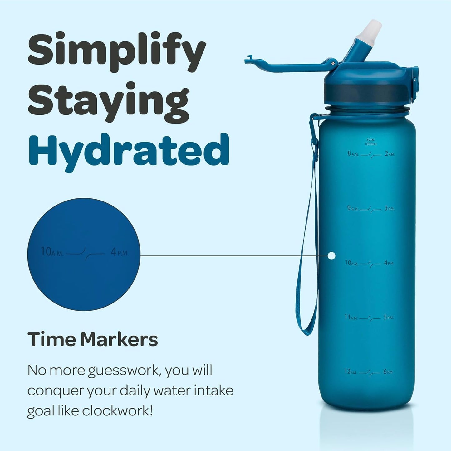 Hydracy Water Bottle with Time Marker -Large BPA Free Water Bottle & No Sweat Sleeve -Leak Proof Gym Bottle with Times to Drink - Ideal for Fitness Sports & Outdoors