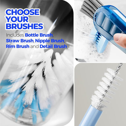 Holikme 6 Pack Bottle Brush Set, 14" Long Handle Stainless Steel Bottle Cleaner Brush, 3 Straw Brushes, 4-in-1 Bottle Cleaning Brush for Water Bottle, Antistatic Lab Brushes Straws, Black