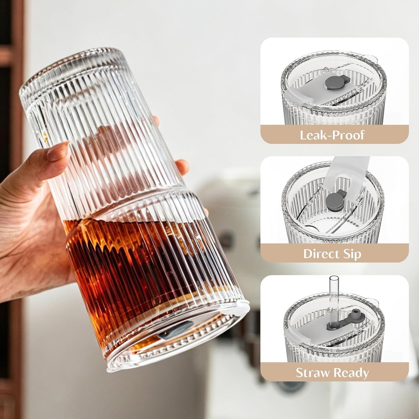 INSETLAN 20 oz Ribbed Glass Tumblers with Lids and Glass Straws – 4-Piece Glassware Set, Thickened Wall, Ideal for Iced Coffee, Smoothies, Cocktails, and Juices – Elegant and Durable Drinkware