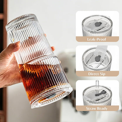 INSETLAN 20 oz Ribbed Glass Tumblers with Lids and Glass Straws – 4-Piece Glassware Set, Thickened Wall, Ideal for Iced Coffee, Smoothies, Cocktails, and Juices – Elegant and Durable Drinkware