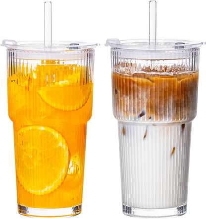 Glass Cups with Lids and Straws 4 Pack, 20oz Ribbed Glass Cups, Leak Resistant Iced Coffee Tumblers, Thick Reusable Drinking Glasses, Fits Car Cup Holder, Clear Coffee Bar Accessories