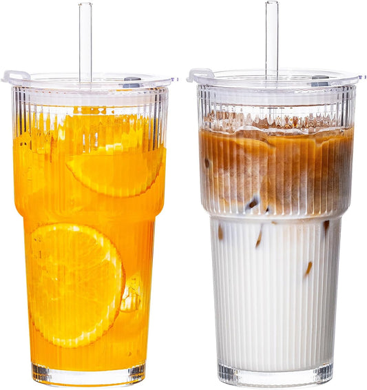 Glass Cups with Lids and Straws 4 Pack, 20oz Ribbed Glass Cups, Leak Resistant Iced Coffee Tumblers, Thick Reusable Drinking Glasses, Fits Car Cup Holder, Clear Coffee Bar Accessories