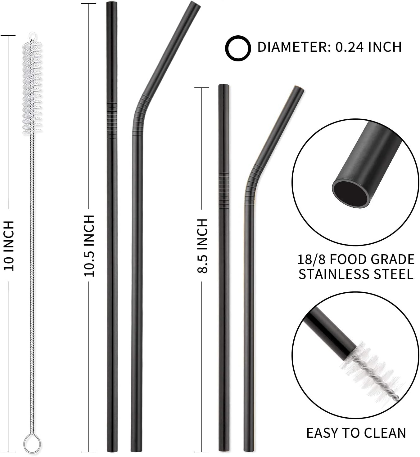 Hiware 12-Pack Reusable Stainless Steel Metal Straws with Case - Long Drinking Straws for 30 oz and 20 oz Tumblers Dishwasher Safe - 2 Cleaning Brushes Included