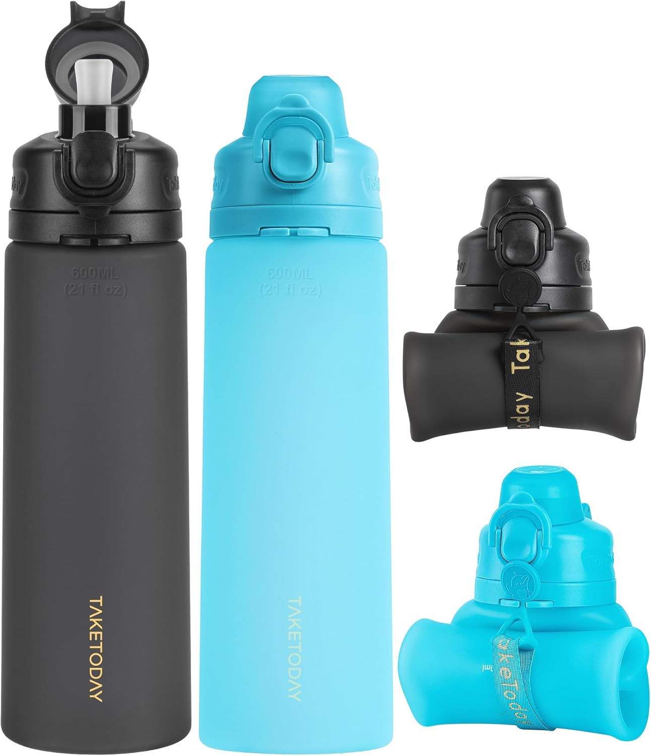 TakeToday Collapsible Water Bottles 21oz (600mL), Foldable Platinum Silicone Travel Water Bottle with Straw & Carry Strap, Leak-Resistant Screw Lid, Wide Mouth, BPA-Free for Hiking, Camping, Travel