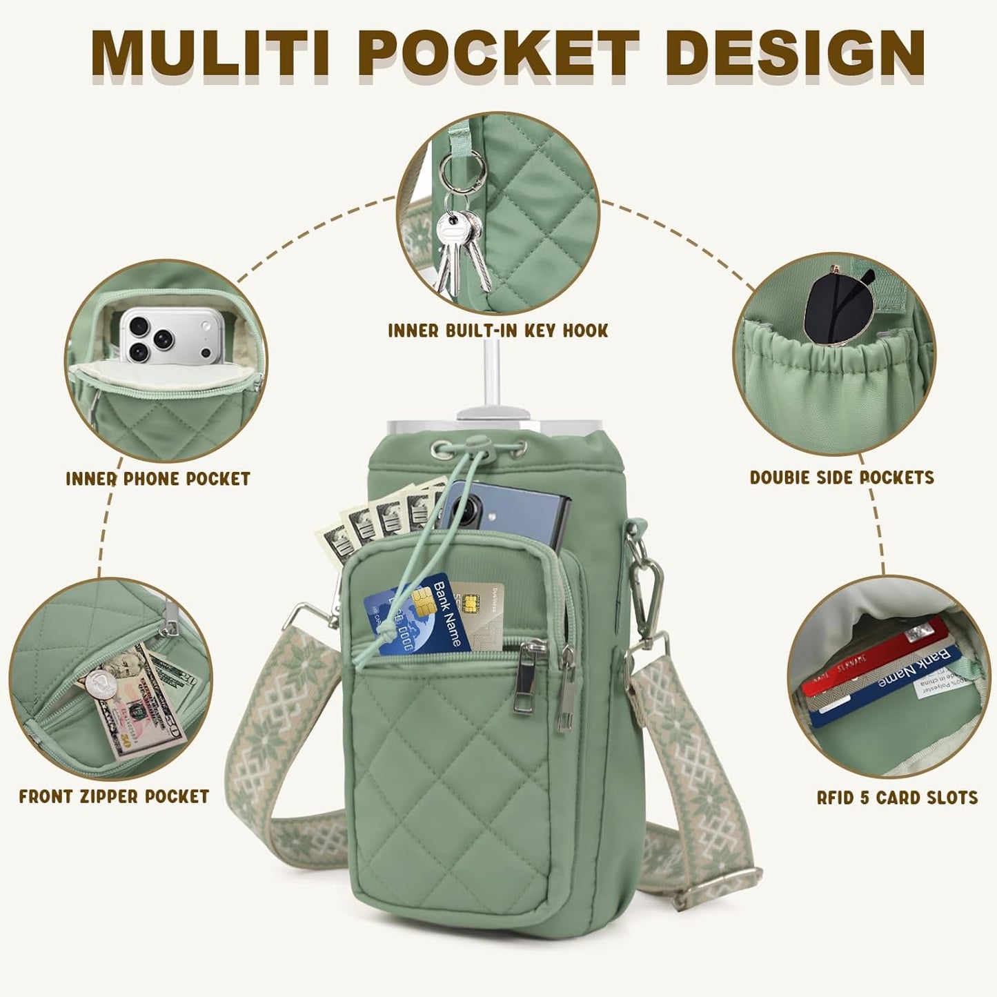 Water Bottle Holder with Strap, 32oz 40oz Insulated Water Bottle Carrier Bag, Purse Crossbody Sling Bag with Phone Pocket for Walking Hiking