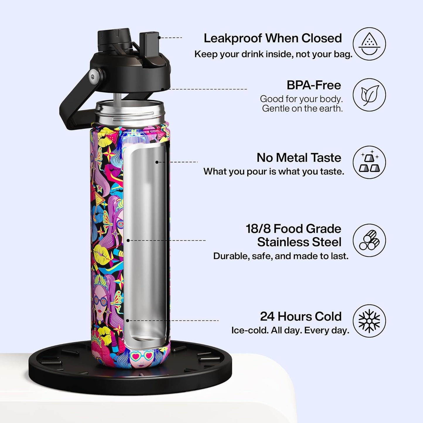 ENCOOL Insulated Water Bottle with Straw Stainless Steel Water Bottle, Leak-Proof, BPA-Free, Double Wall Vacuum Keeps Cold for 24 Hours for Sports, Travel, School (26 oz, Cotton Candy) - Colors D